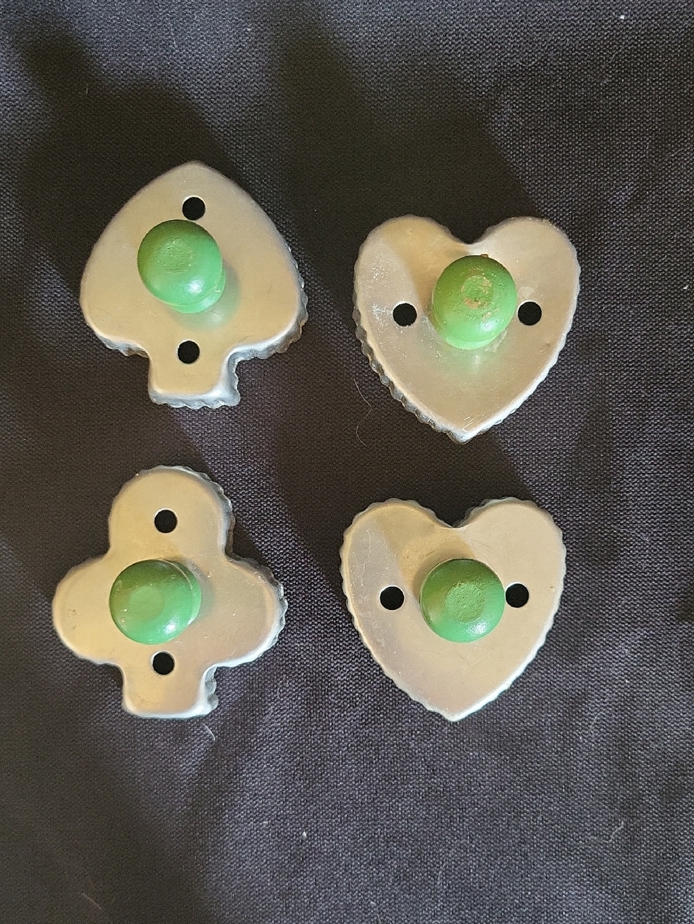 Set of 4 Vintage Green Knob Cookie Cutters- 2 Hearts, Club & Spade Shapes